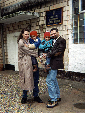 Our first family photo in Ukraine, in front of the orphanage in Orshivtsi, Chernivtsi region